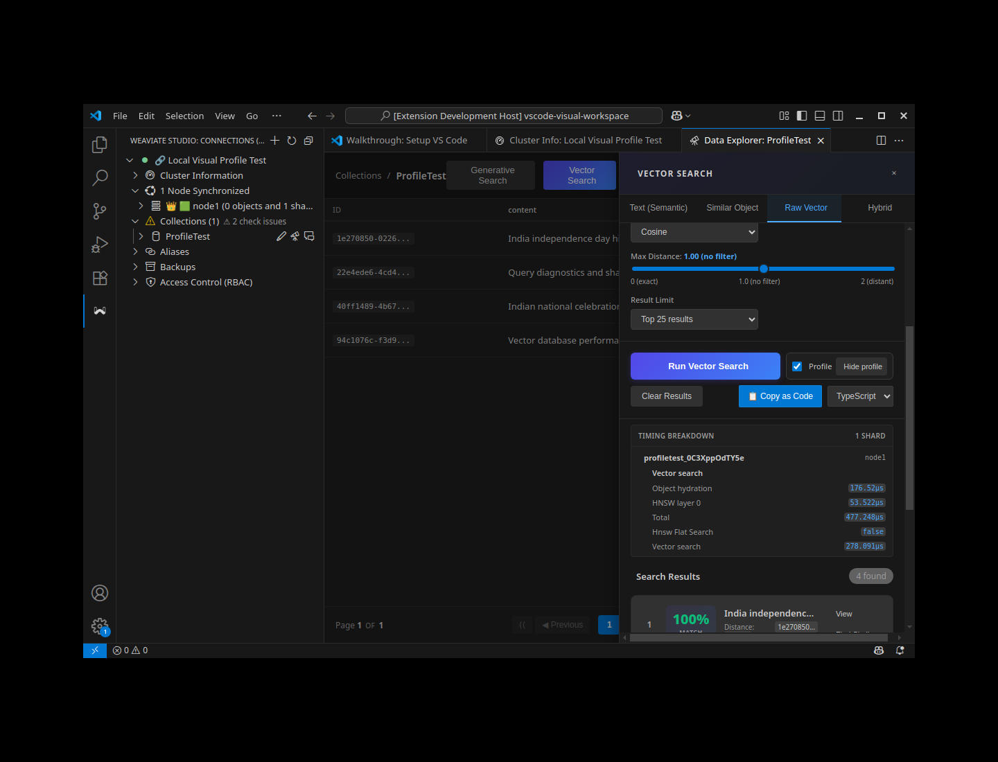 A profiled vector search in Weaviate Studio. The compact Profile checkbox sits next to Run Vector Search, and View profile reveals a per-shard Timing breakdown.